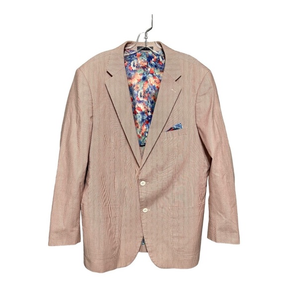 Alan Flusser 44L Striped Seersucker Blazer Floral Pocket Square Single-Breasted - Picture 1 of 4